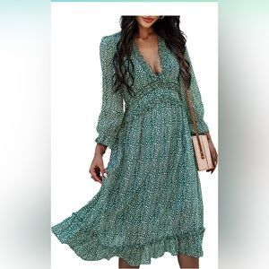 Green leopard print midi dress